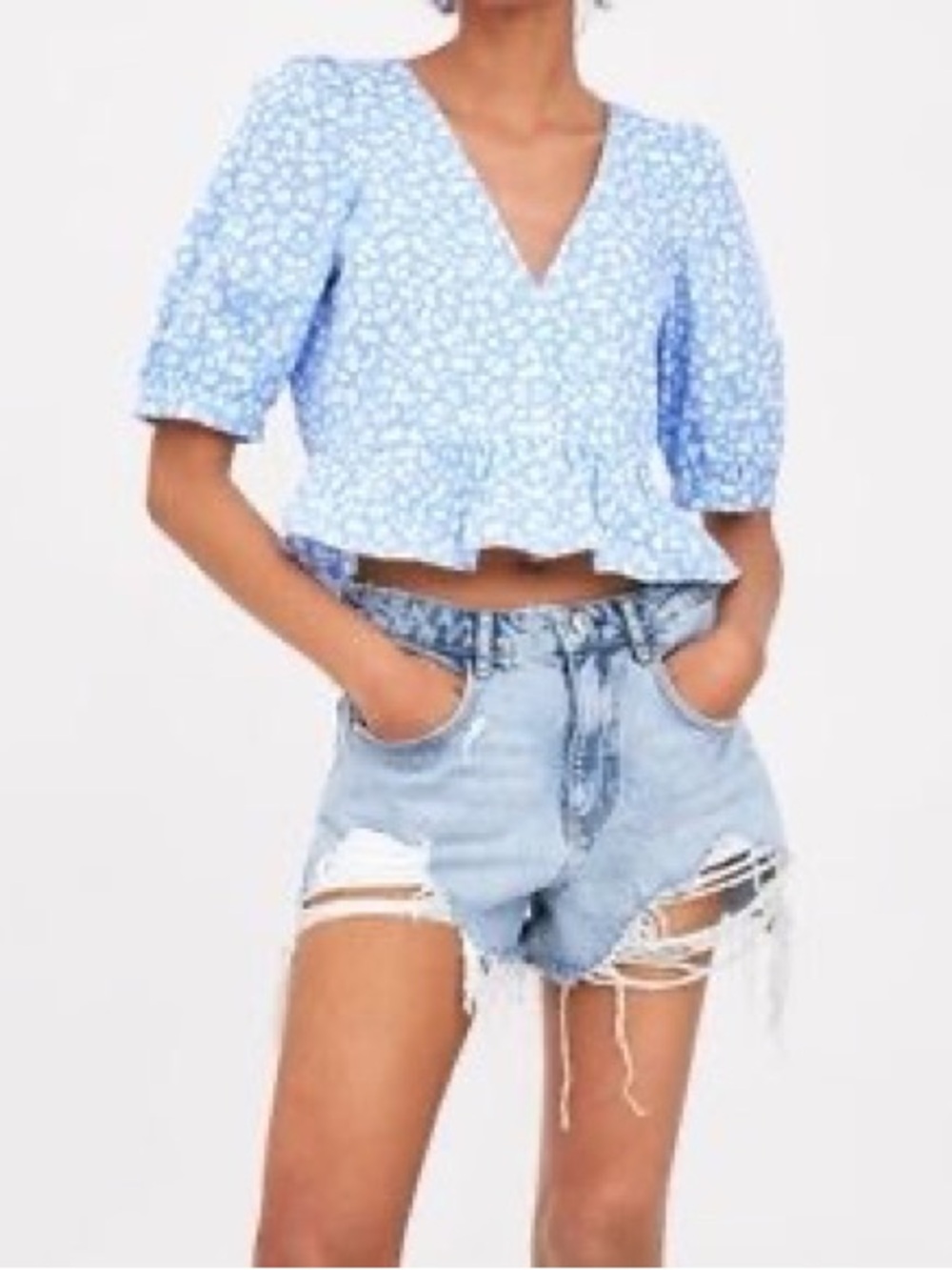 Zara Light Blue Floral V-Neck Ruffle Crop Top